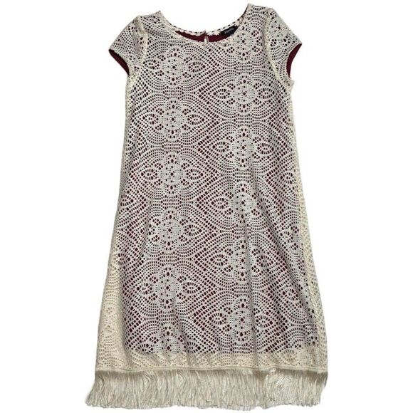Girls Zunie Dress Ivory Lace over Burgundy‎ Lining Finge Hem Sz 12 - Picture 1 of 7